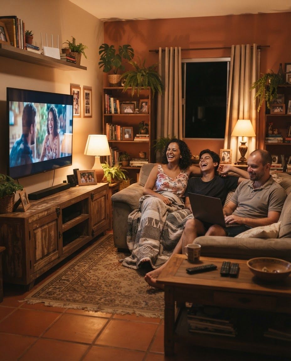 Família reunida em casa usando a internet, com a Giga Telecom em Salvador